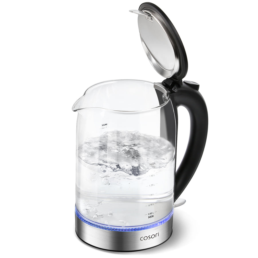 COSORI glass electric kettle with open lid and water boiling