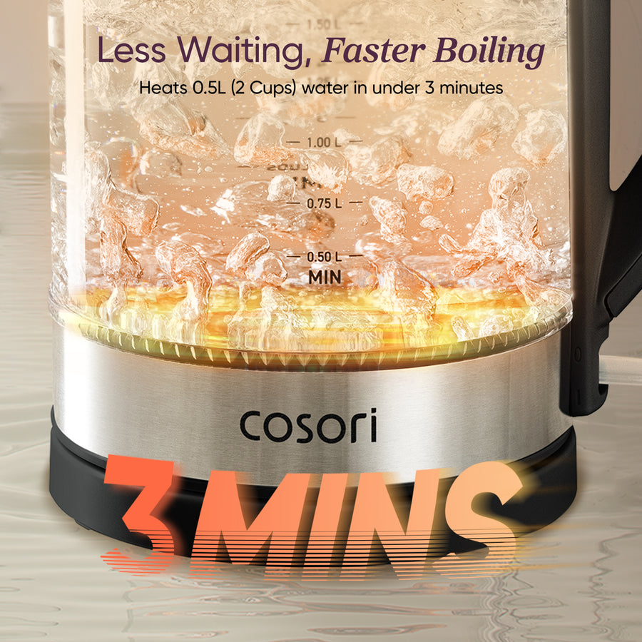 COSORI electric tea kettle boiling water in about 3 minutes