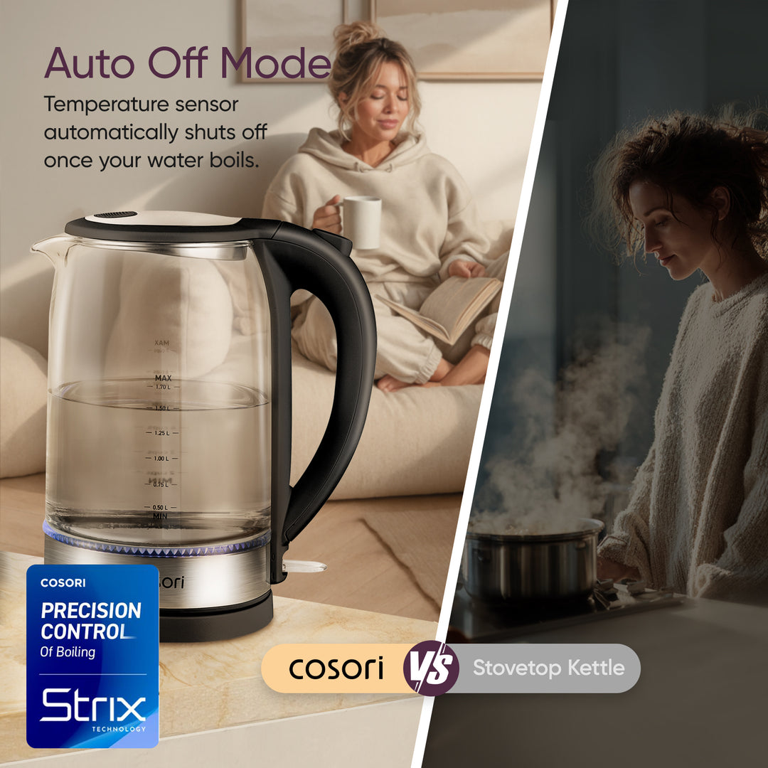 COSORI electric tea kettle used in kitchen for boiling water