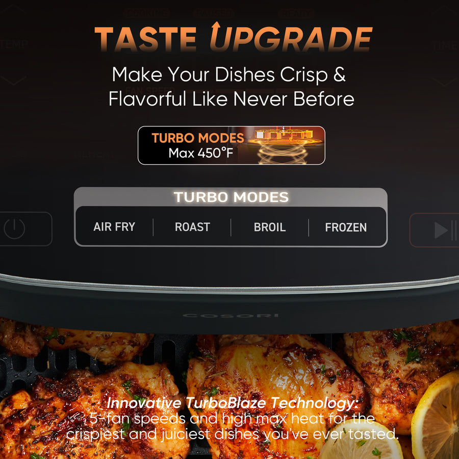 COSORI TurboBlaze air fryer feature image highlighting Turbo Modes, high heat, and crisp chicken