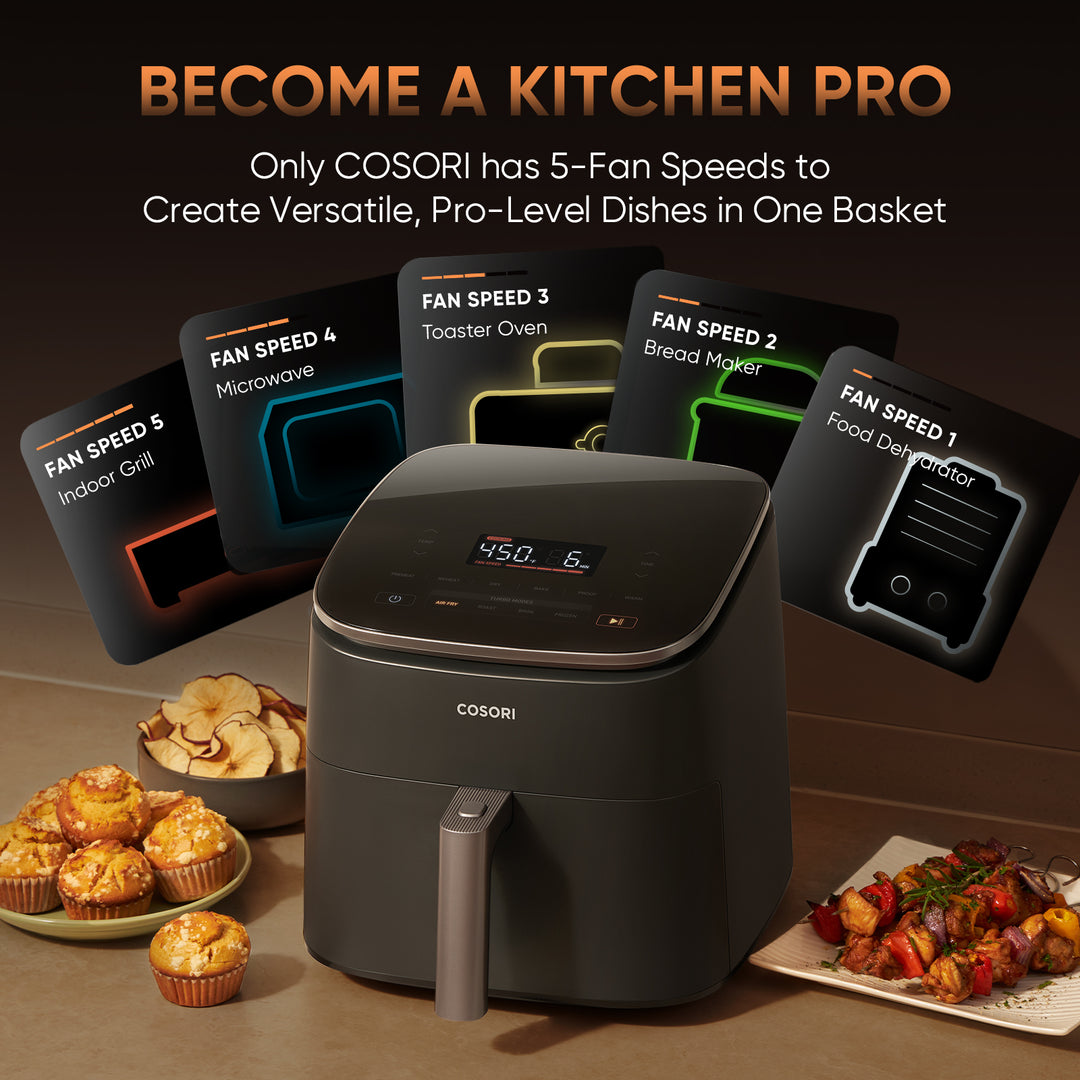 COSORI TurboBlaze 6-quart air fryer feature graphic highlighting 5 fan speeds and versatile one-basket cooking