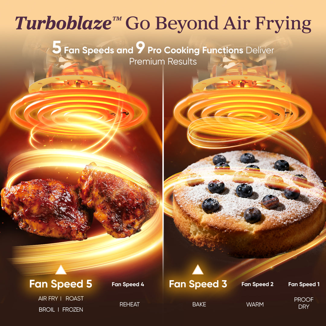 COSORI TurboBlaze air fryer feature graphic showing fan speed cooking modes for chicken and cake