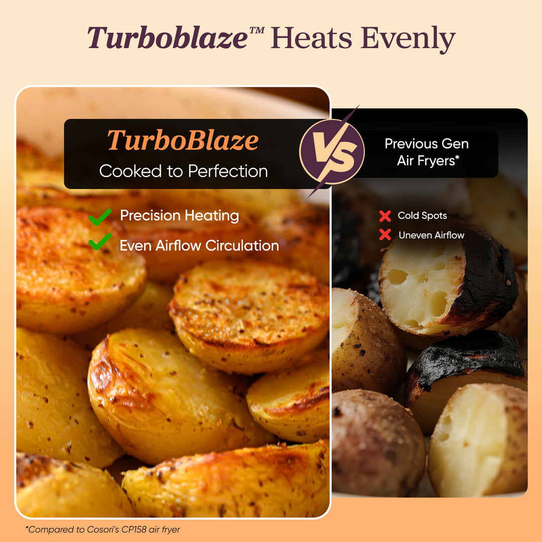 COSORI TurboBlaze air fryer comparison graphic highlighting even heating and airflow circulation