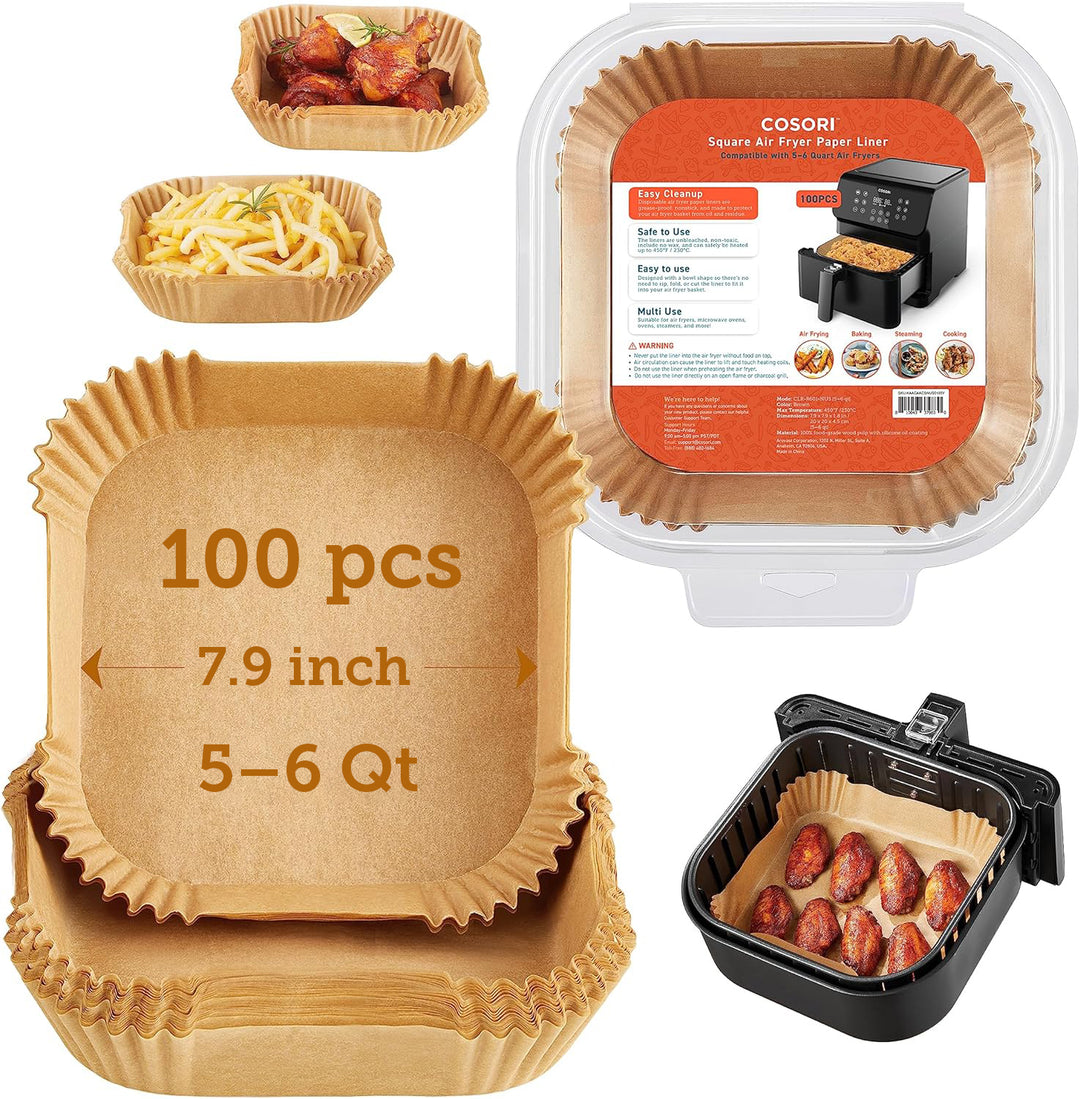 COSORI air fryer parchment liners packaging with basket liner design