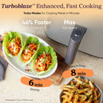 COSORI TurboBlaze air fryer cooking shrimp and french fries up to 46 percent faster