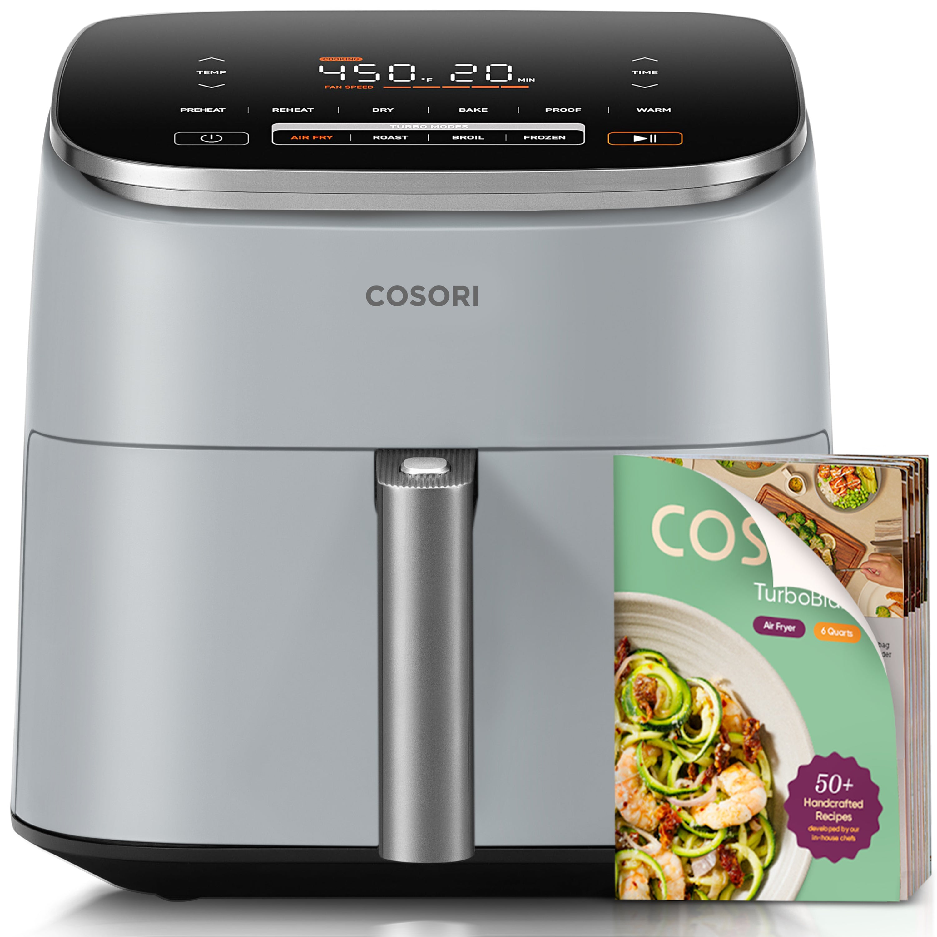 COSORI TurboBlaze 6-quart air fryer in light gray with recipe booklet