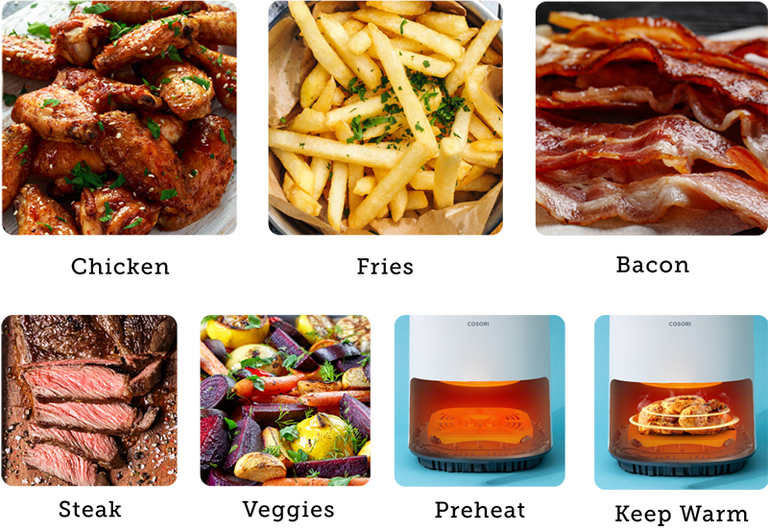 Lite Air Fryer has 7 cooking functions Chicken, Fries, Bacon, Steak, Veggies, Preheat, and Keep Warm