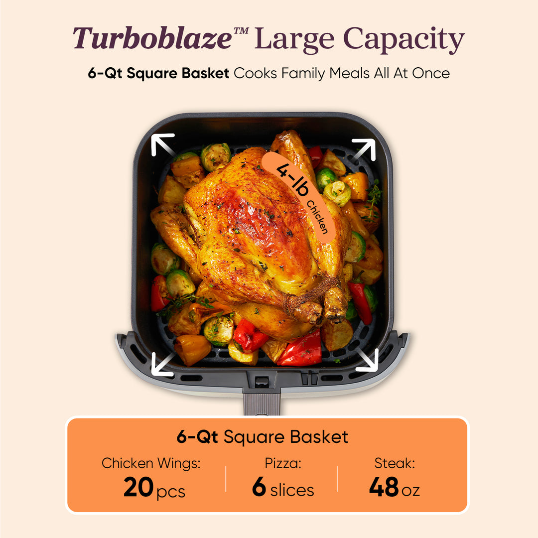 COSORI TurboBlaze 6 quart square basket air fryer cooking whole chicken