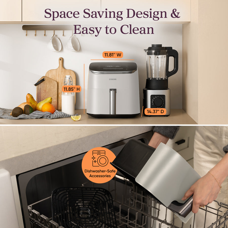 COSORI TurboBlaze air fryer compact countertop design with dishwasher safe accessories