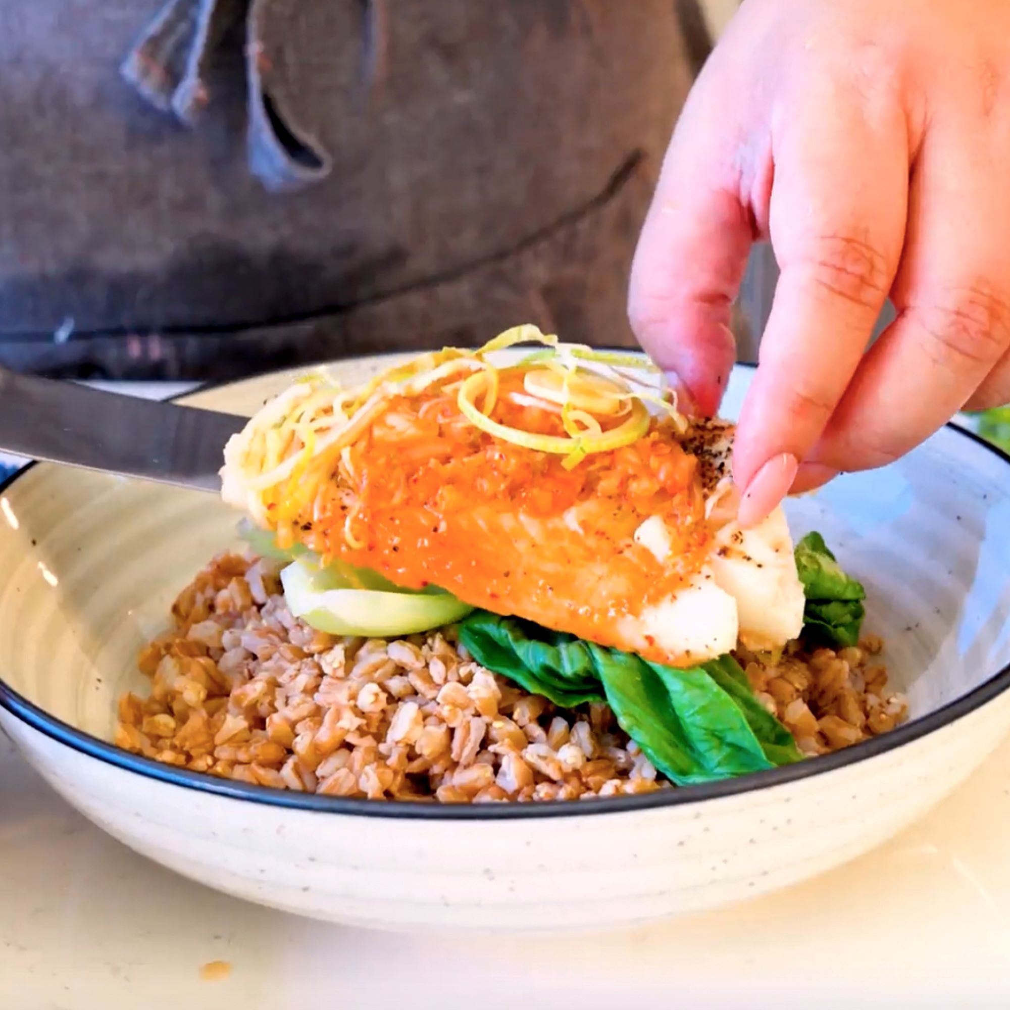 Air Fryer Cod with Kimchi Butter and Farro Step 5
