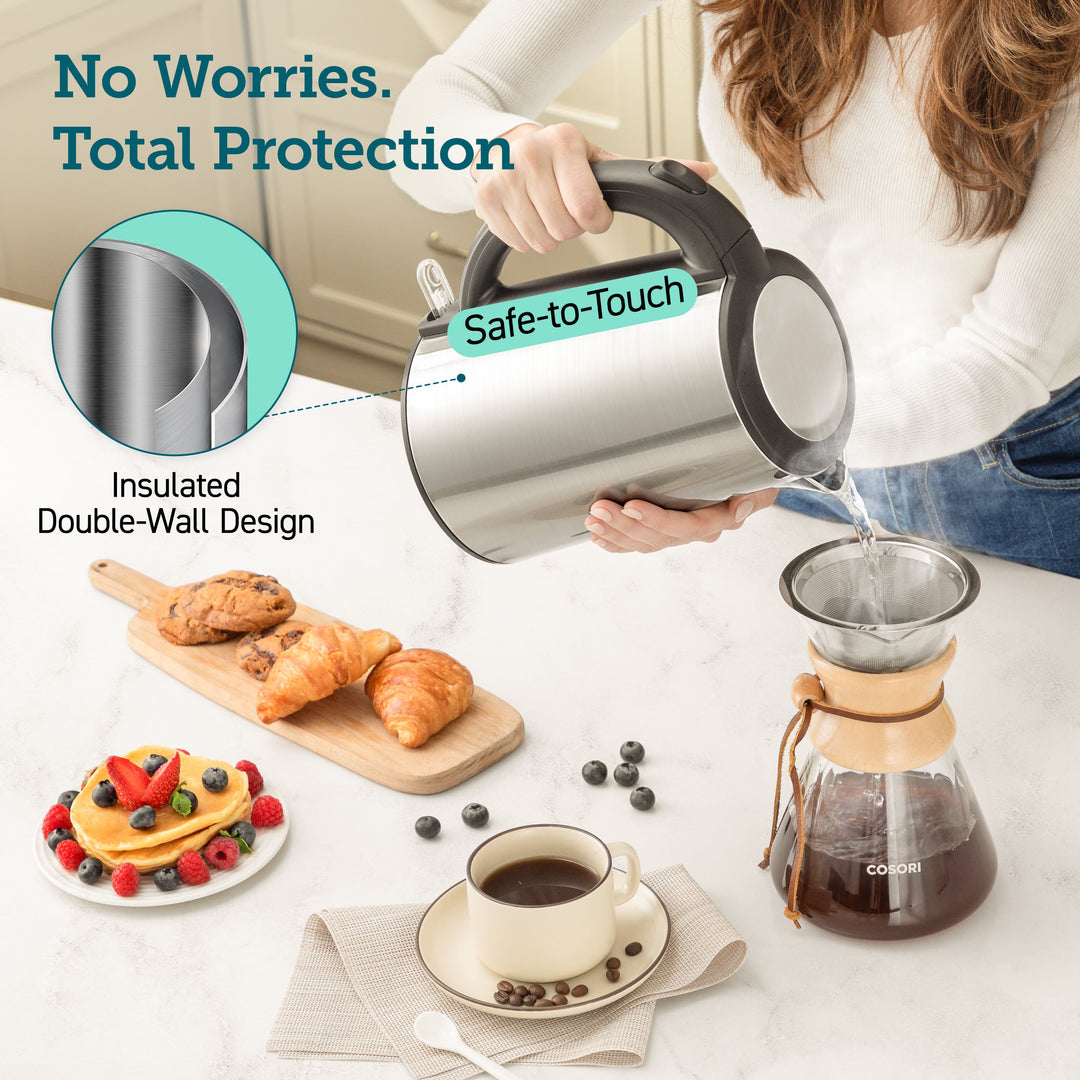 COSORI double wall electric kettle safe touch stainless steel design