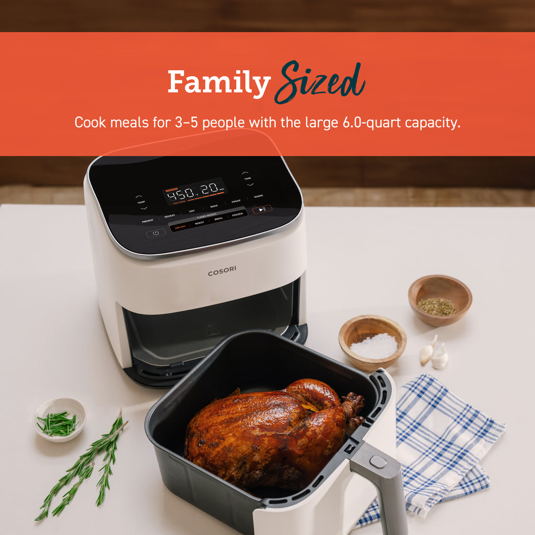 COSORI TurboBlaze 6-quart air fryer basket for family-size meals