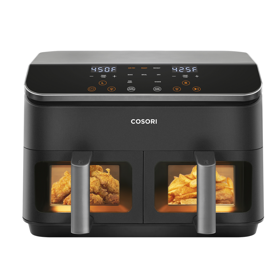 COSORI 9-quart dual basket air fryer front view with two baskets