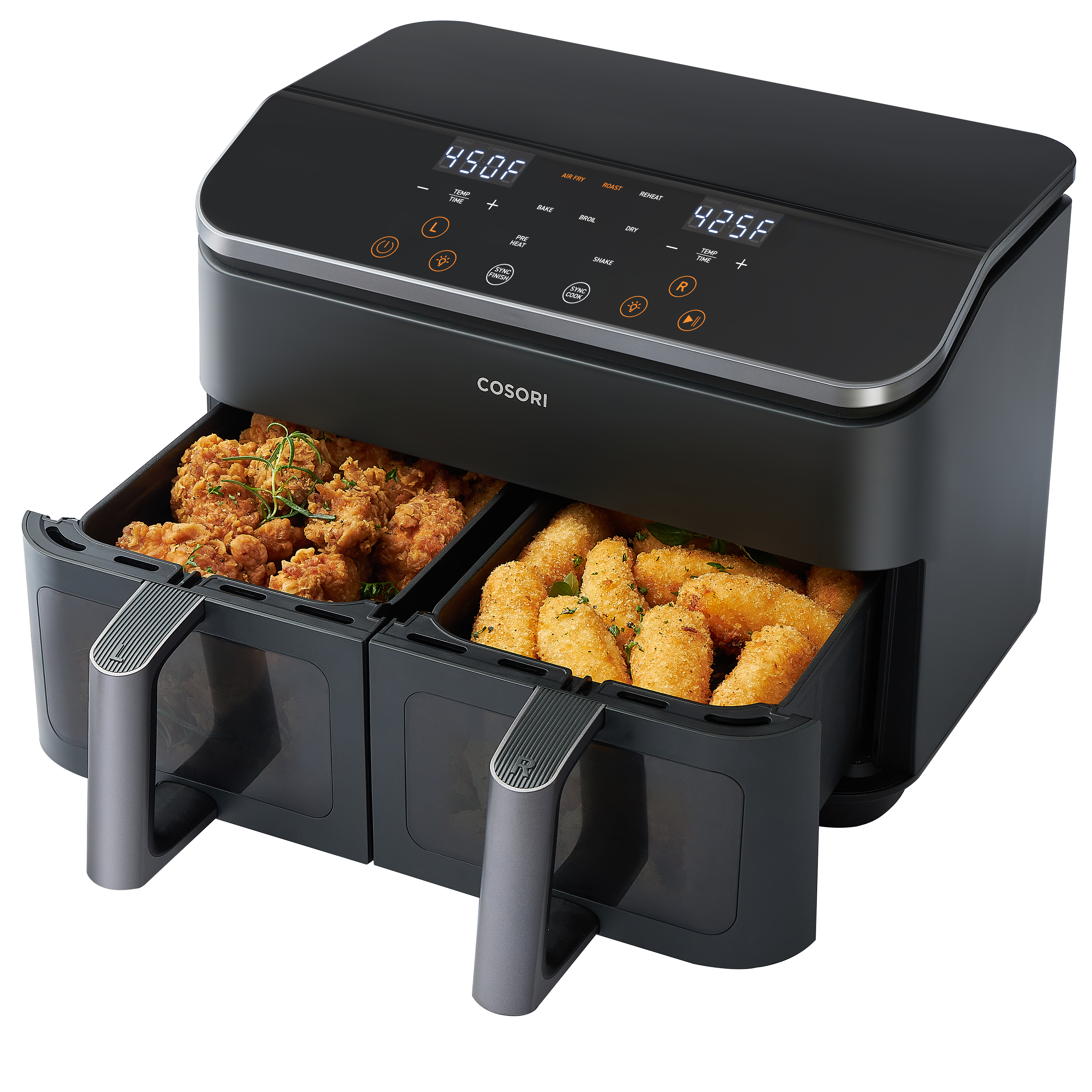 COSORI 9-quart dual basket air fryer with two cooking drawers