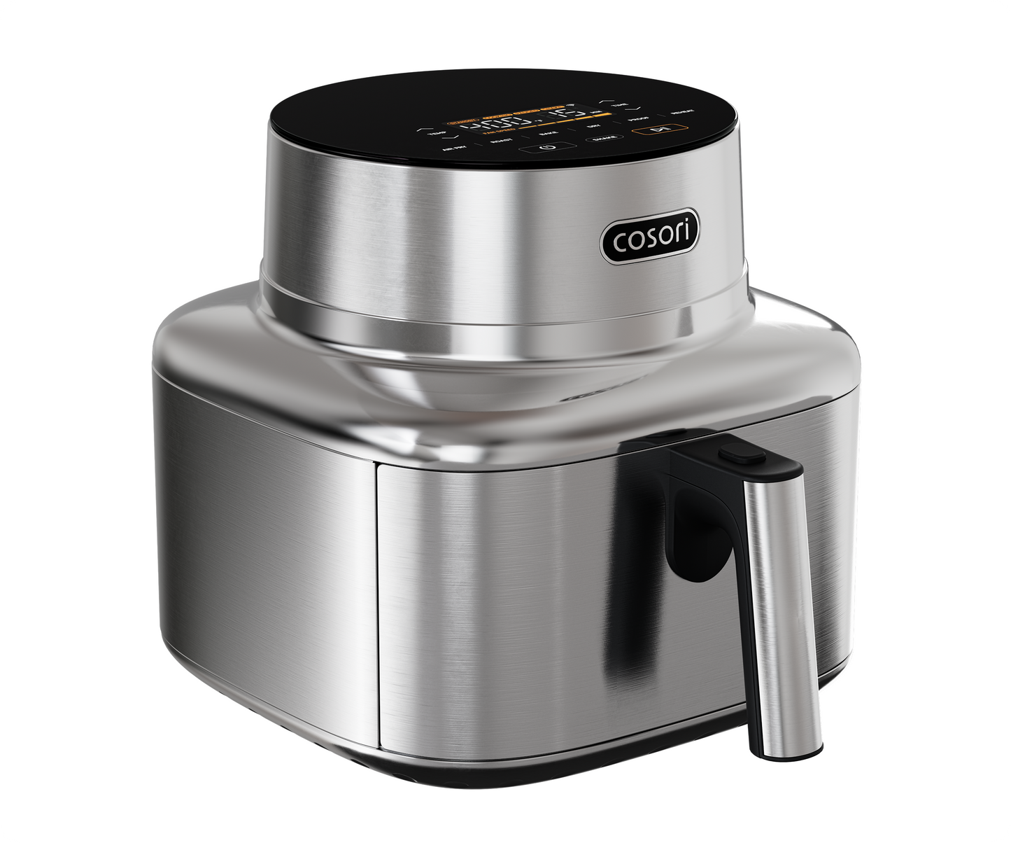 Angled view of Cosori Iconic smart air fryer highlighting stainless steel design and compact footprint