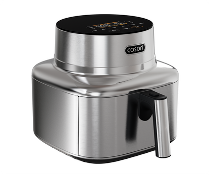 Angled view of Cosori Iconic smart air fryer highlighting stainless steel design and compact footprint