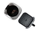 Cosori Iconic air fryer basket and crisper plate shown separately, featuring PFAS-free ceramic coating