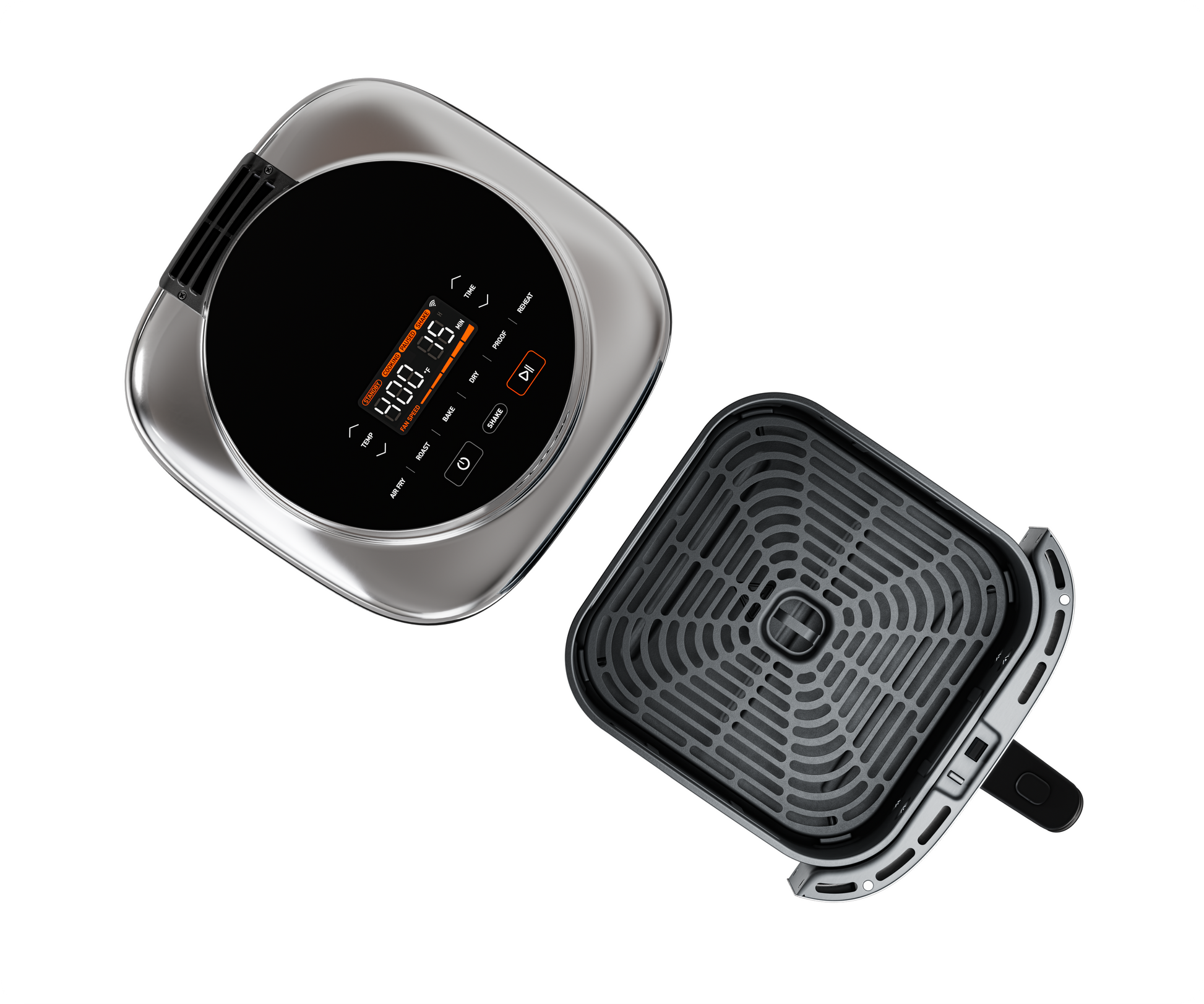Cosori Iconic air fryer basket and crisper plate shown separately, featuring PFAS-free ceramic coating