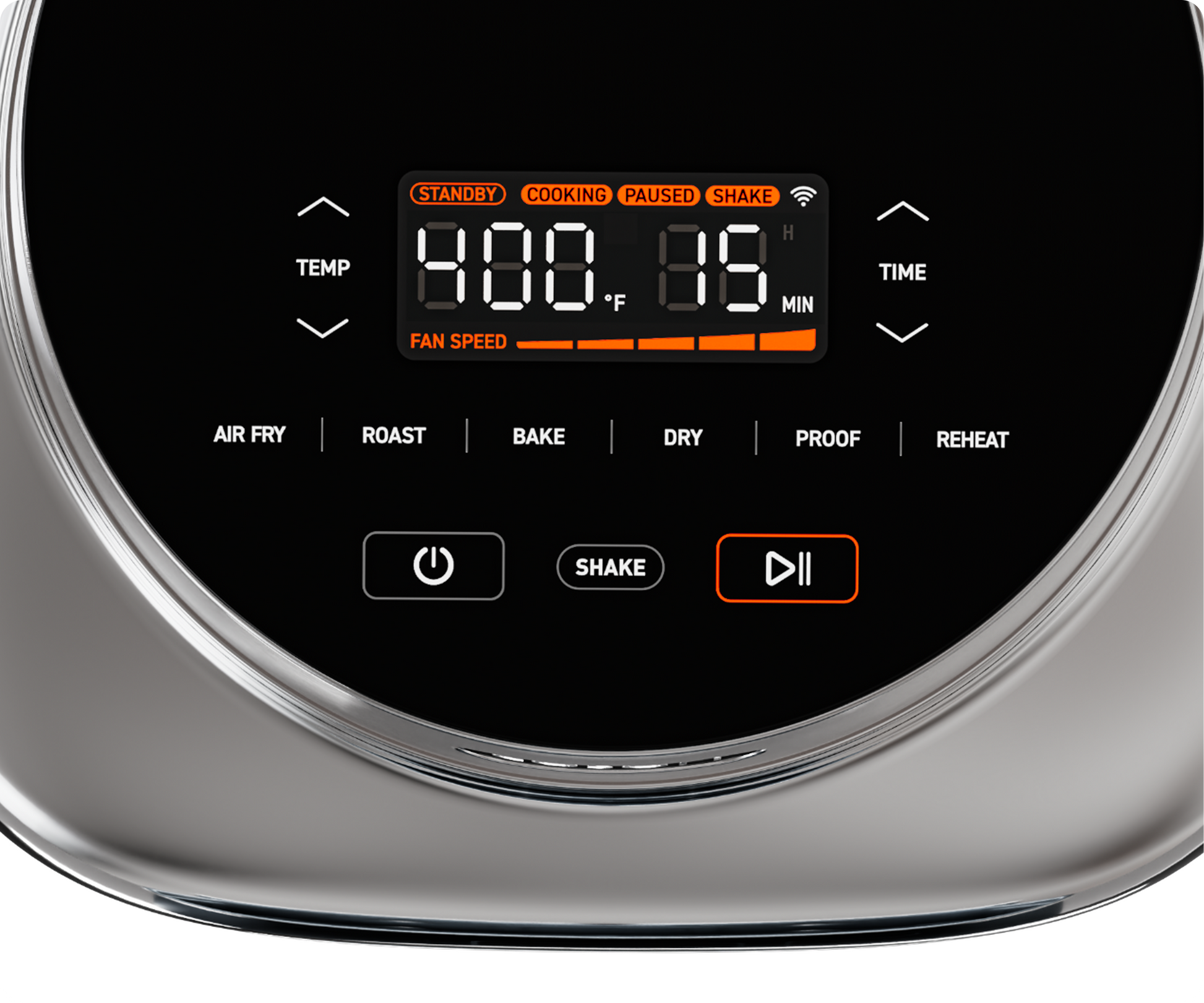 Close-up of Cosori Iconic air fryer control panel showing temperature, time, and cooking modes