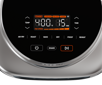 Close-up of Cosori Iconic air fryer control panel showing temperature, time, and cooking modes