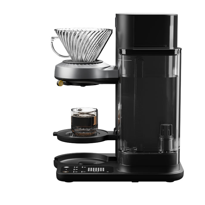 Juni automatic pour-over coffee maker, full front view with pour-over brew basket