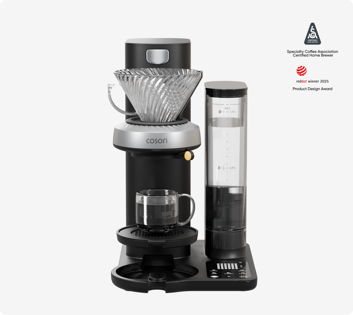 Juni automatic pour-over coffee maker with glass carafe and SCA certification badge