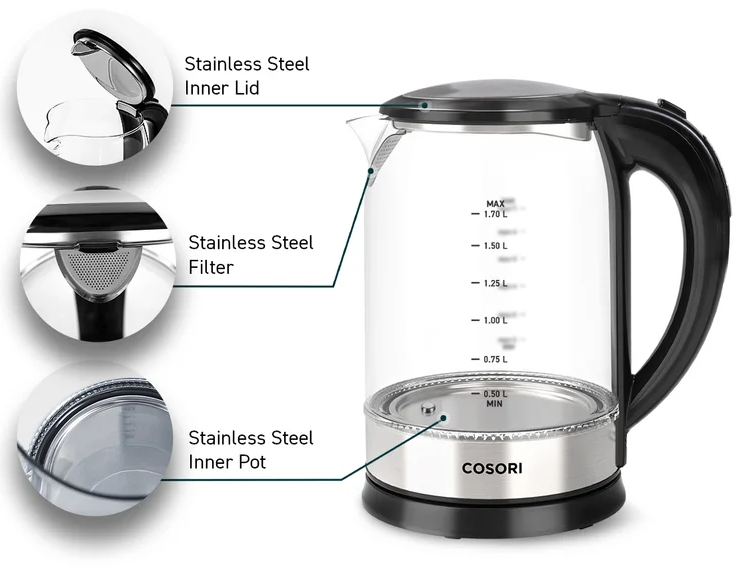 COSORI CO117-DK: 1.7L Electric Glass Kettle with 100% Stainless Steel  Filter- VeSync Store