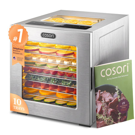 Cosori food dehydrator with 10 stainless steel trays filled with dried fruits and vegetables