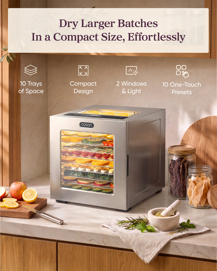 Cosori Food Dehydrator, 10 Stainless Steel Trays with 7.4 ft² Drying Space