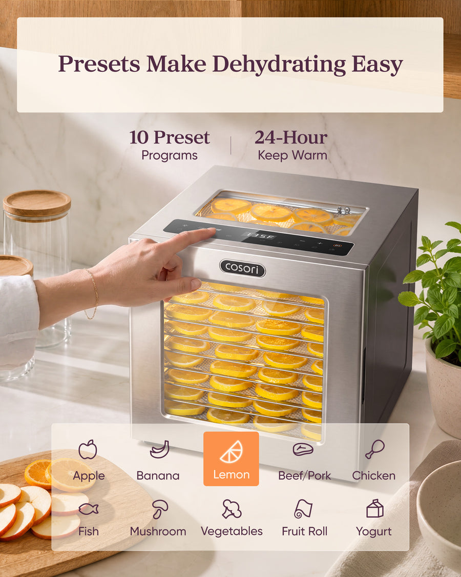 Cosori Food Dehydrator, 10 Stainless Steel Trays with 7.4 ft² Drying Space