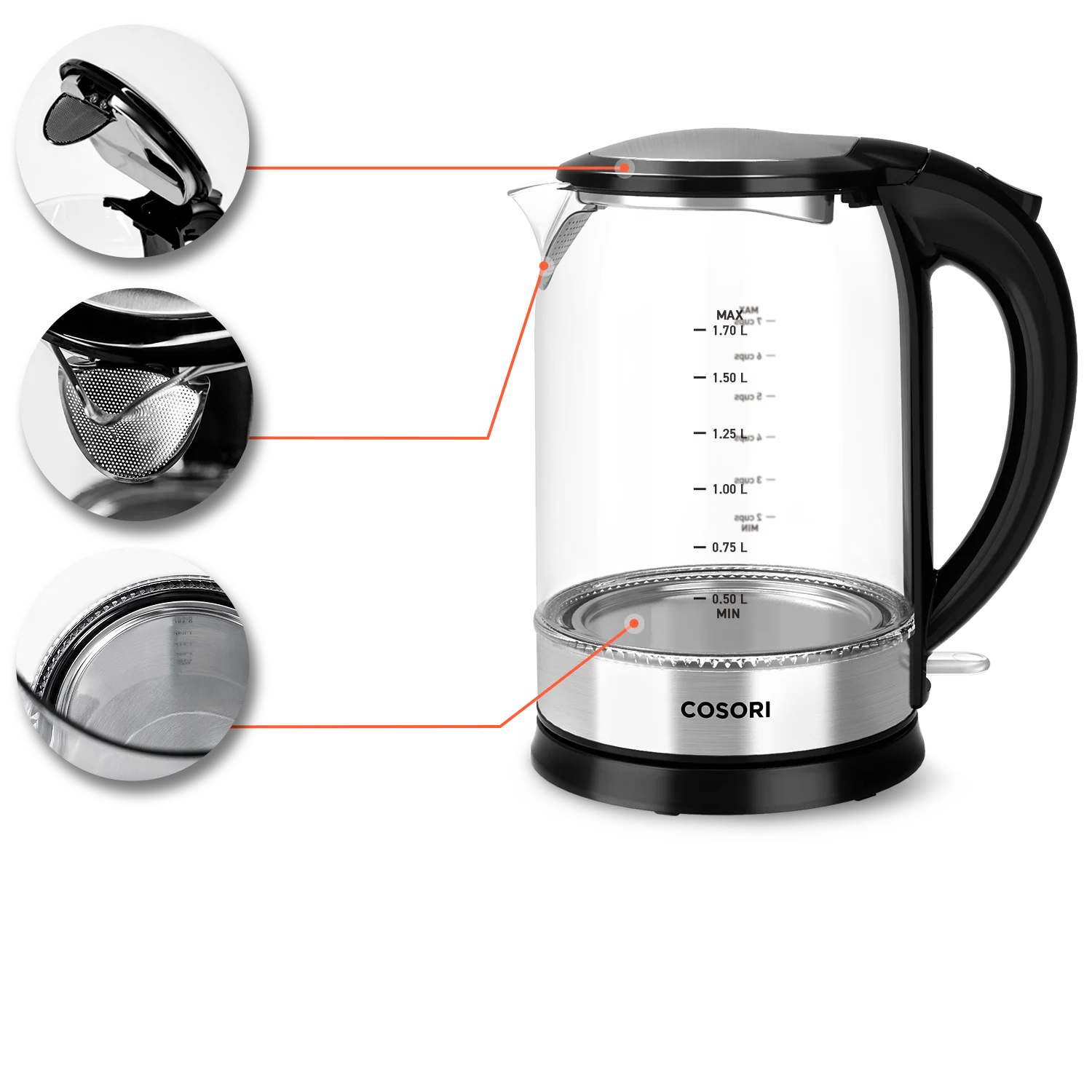 COSORI Electric Kettle, Tea Kettle Pot, 1.7L/1500W, Stainless Steel Inner  Lid & Filter, Hot Water Kettle Teapot Boiler & Heater, Automatic Shut Off