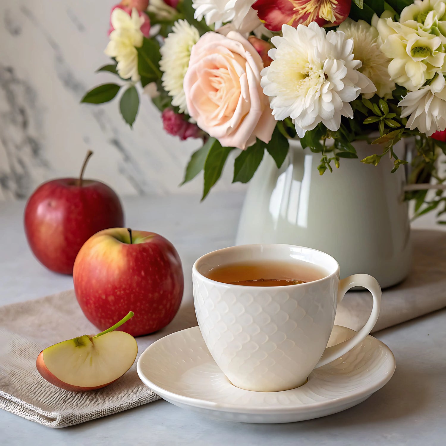 Cup of apple rose tea beside fresh apples and flowers on a table
