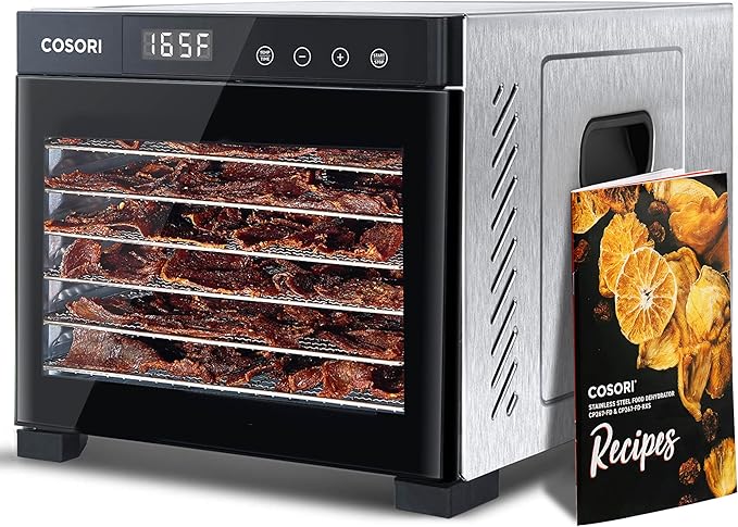 COSORI food dehydrator displayed with dried food ingredients beside the unit