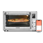 COSORI 30 Liter Smart Air Fryer Toaster Oven with pizza inside and smartphone app displayed beside the unit