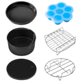 COSORI Air Fryer Accessories set including cake pan, pizza pan, rack, silicone mold, and skewer rack
