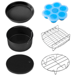 COSORI Air Fryer Accessories set including cake pan, pizza pan, rack, silicone mold, and skewer rack
