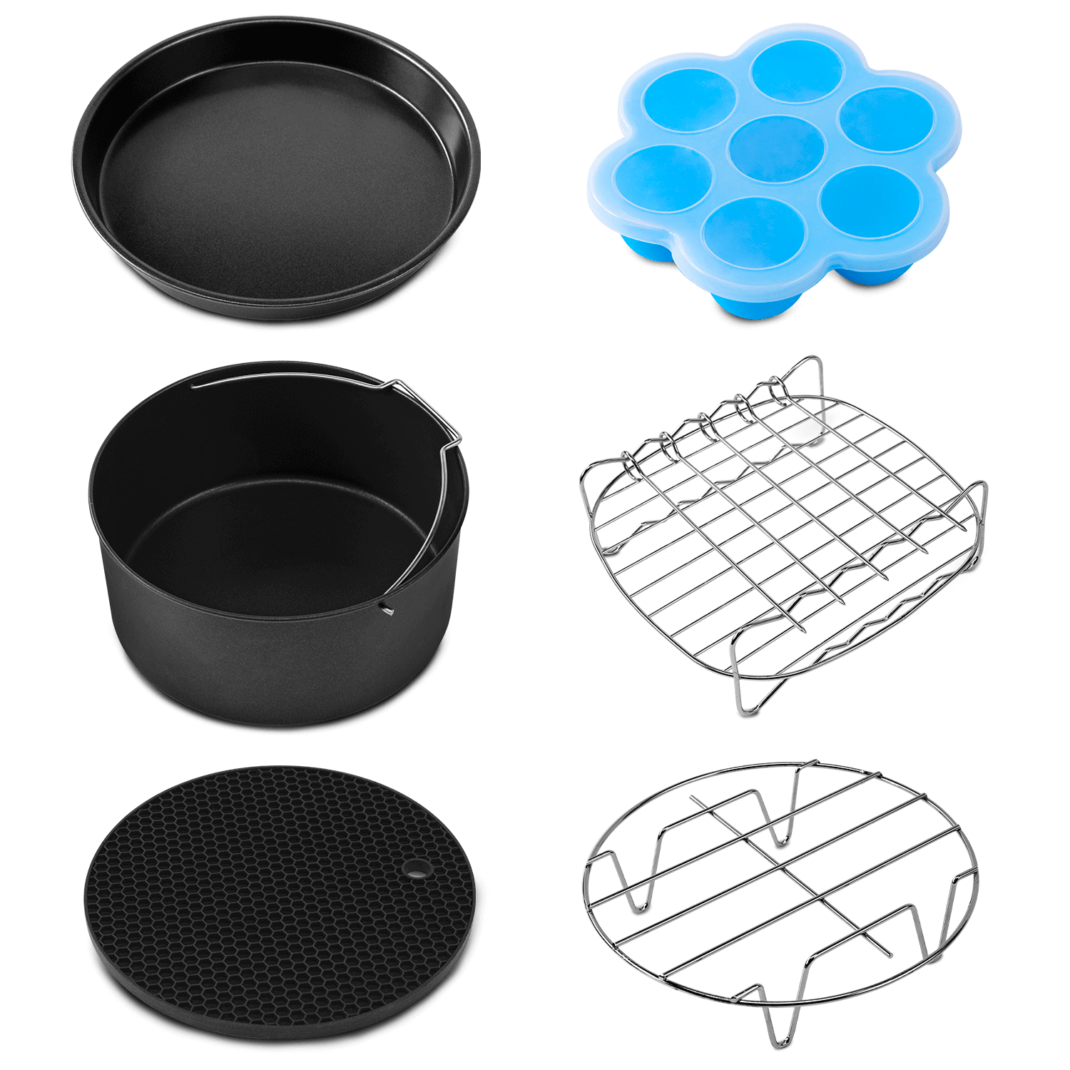 COSORI Air Fryer Accessories set including cake pan, pizza pan, rack, silicone mold, and skewer rack