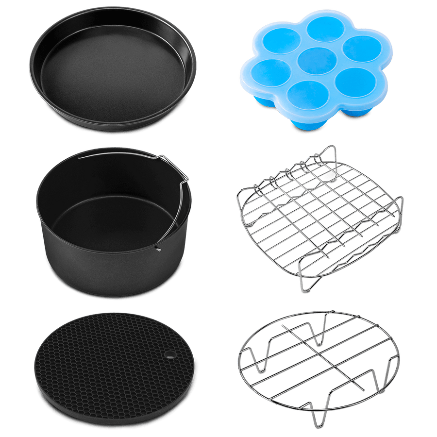 COSORI Air Fryer Accessories set including cake pan, pizza pan, rack, silicone mold, and skewer rack