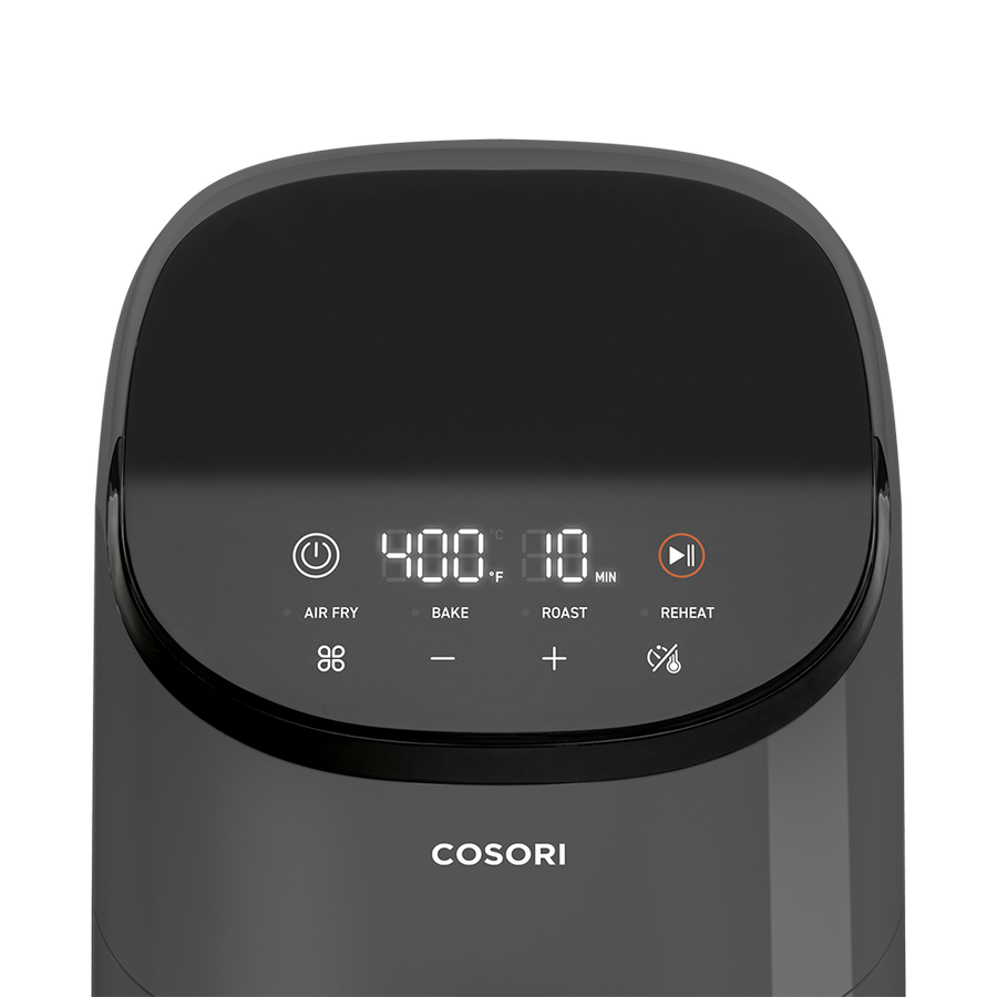 Close-up of the digital touch control panel on the dark grey Cosori Lite 2.1-Qt Air Fryer