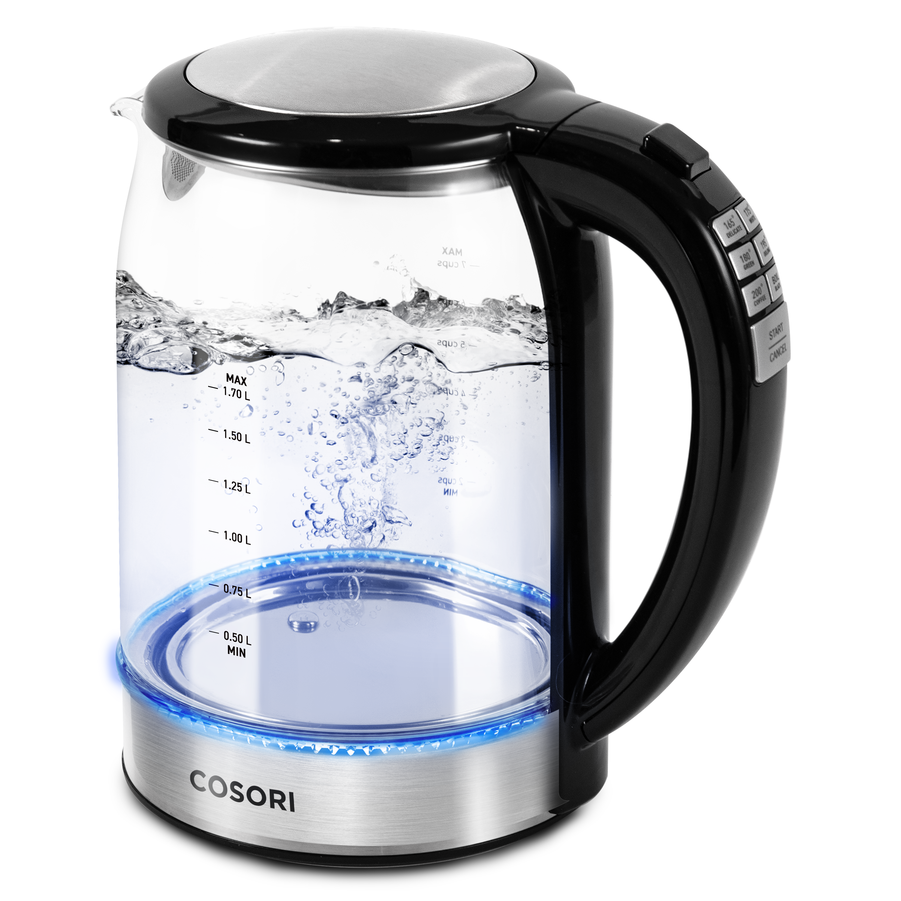 COSORI Original Digital Glass Kettle with illuminated glass body and boiling water inside