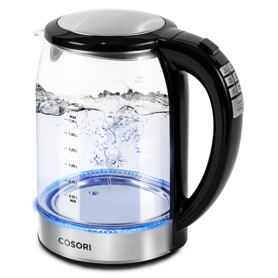 COSORI Original Digital Glass Kettle with illuminated glass body and boiling water inside