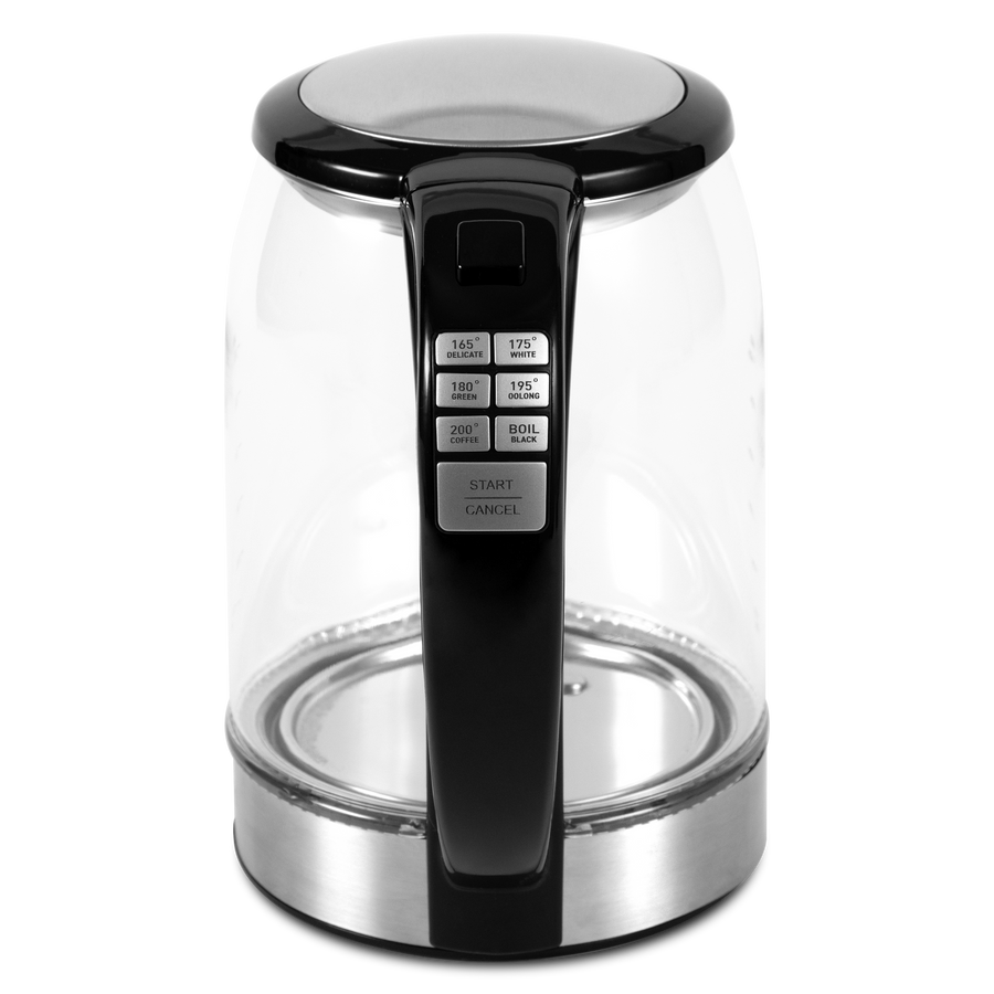 Front view of COSORI Original Digital Glass Kettle showing handle-mounted digital control panel