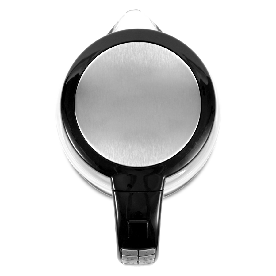 Top view of COSORI Original Digital Glass Kettle with stainless steel lid and glass body