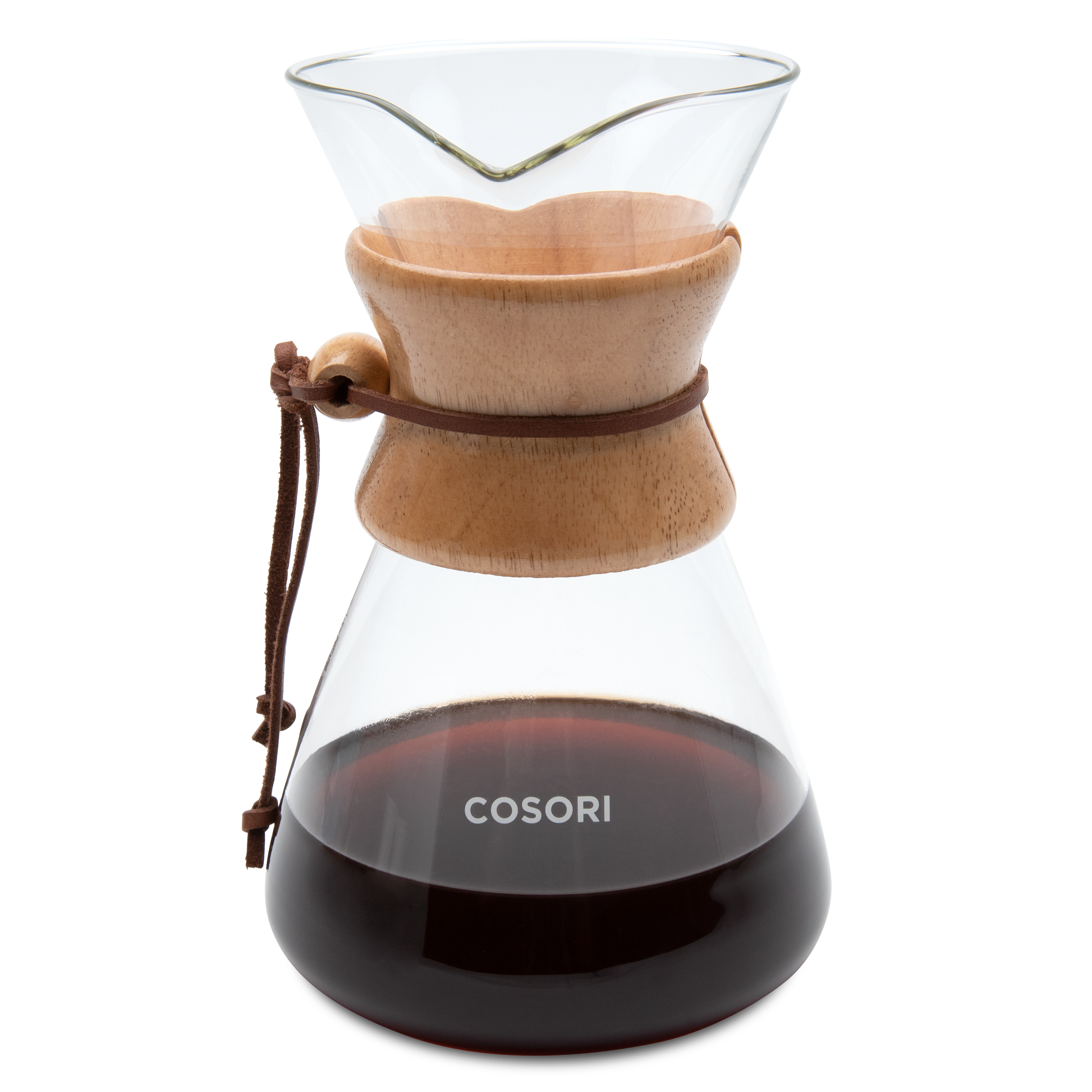 COSORI Original 8-Cup Pour-Over Coffee Maker with glass carafe and wooden collar filled with brewed coffee