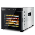 Angled view of COSORI stainless steel food dehydrator with food drying on trays