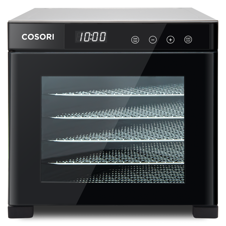 Interior view of COSORI food dehydrator showing multiple stainless steel drying trays