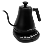 Front angled view of COSORI Smart Electric Gooseneck Kettle on temperature control base
