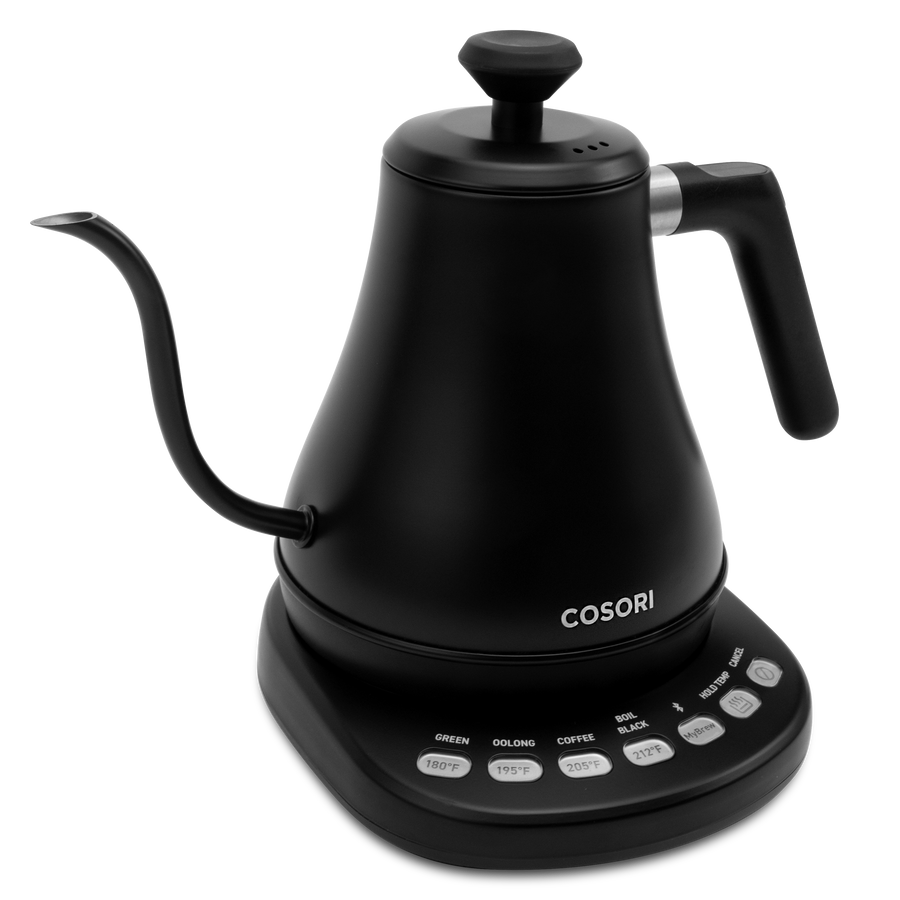 Front angled view of COSORI Smart Electric Gooseneck Kettle on temperature control base