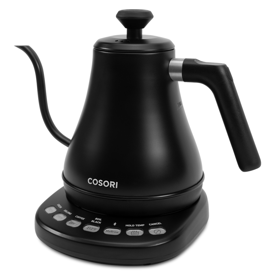 Angled view of COSORI Smart Electric Gooseneck Kettle showing precision gooseneck spout design