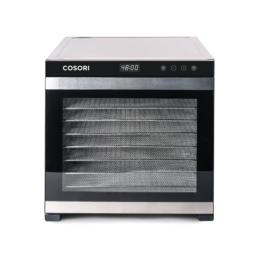 Front view of COSORI Premium Pro 10-Tray Food Dehydrator with stainless steel drying trays